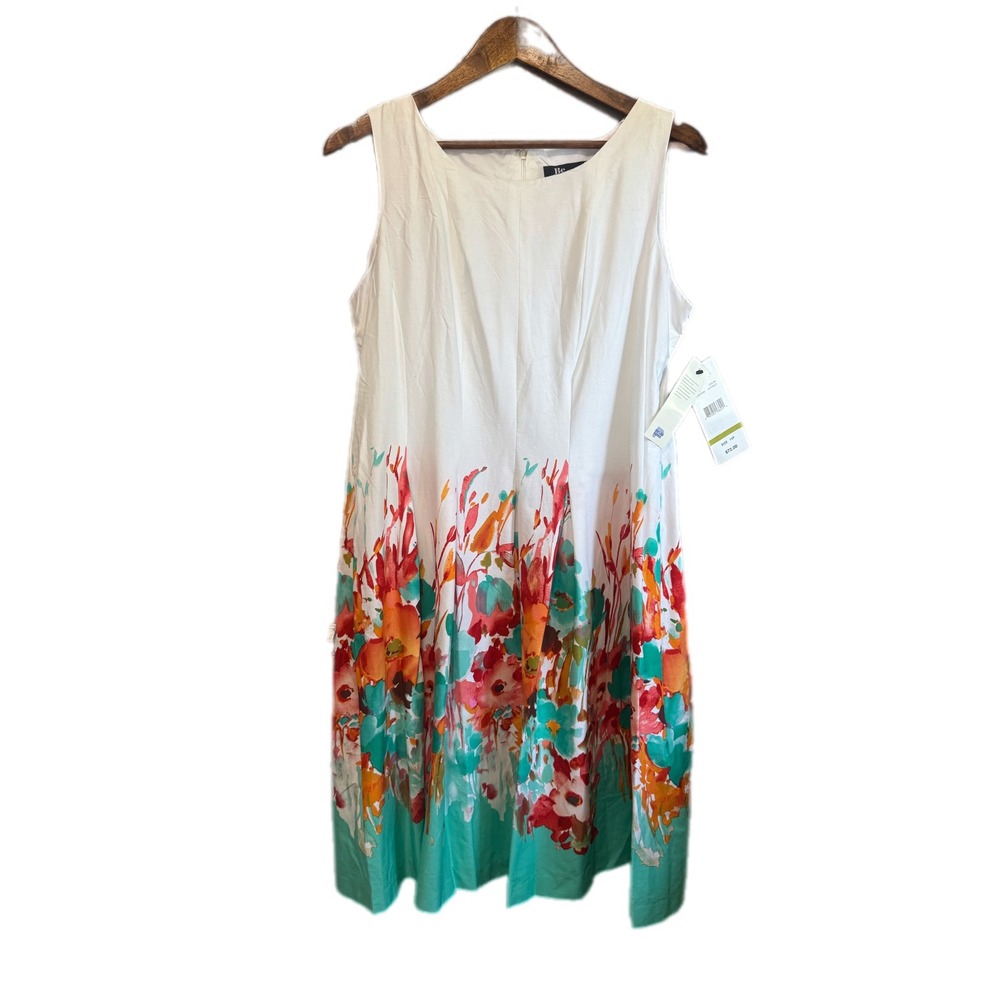 Be by Chetta B Floral Border Print Dress Womens 14P White NWT Sleeveless Pleated